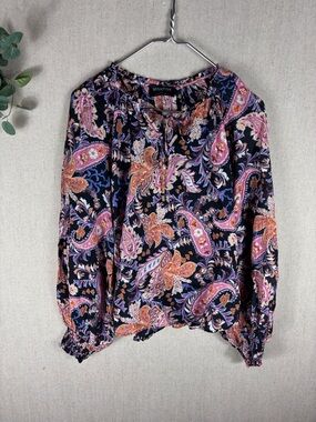 MINKPINK > Black Paisley Tie-Neck V Neck Blouse with Pink & Orange Accents
